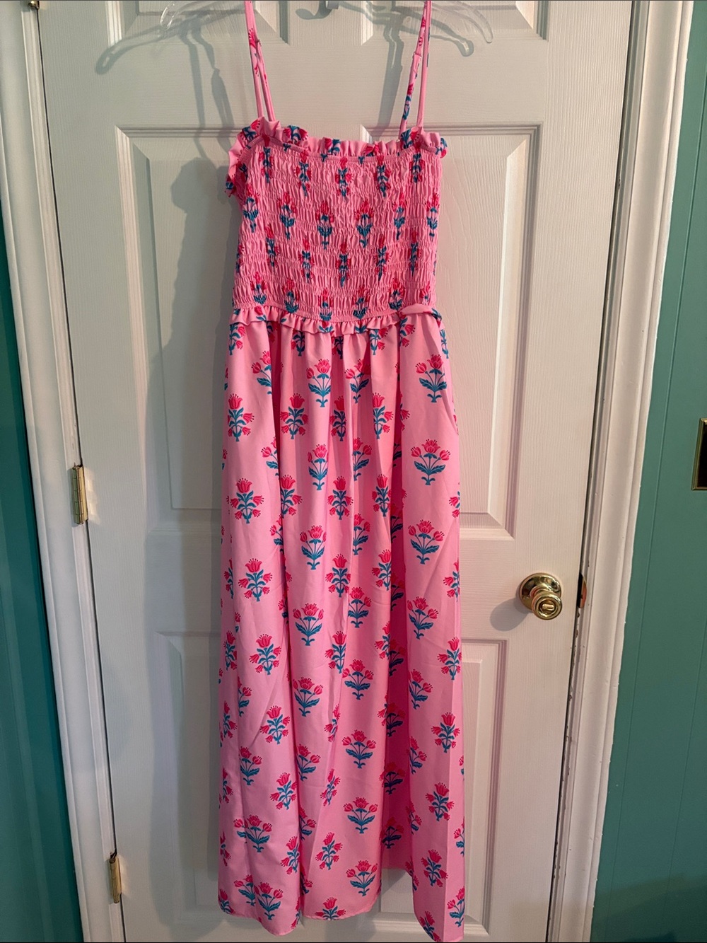 Pink Floral Maxi Dress with Smocked Bodice